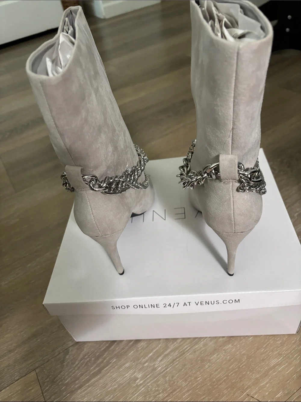 VENUS Taupe Suede Over-the-Knee Pointed Stiletto Boots with Silver Chain